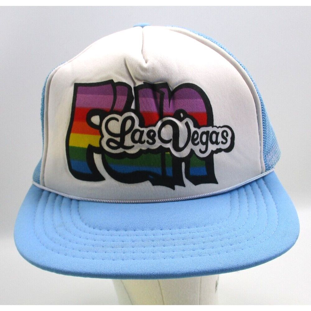 Vintage Las‎ Vegas FUN Script Blue Meshback Foam Snapback Trucker Hat Cap